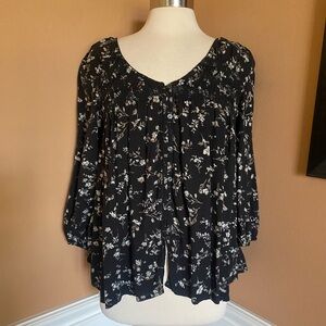 Denim & Supply Ralph Lauren Black Floral Smocked Peasant Top